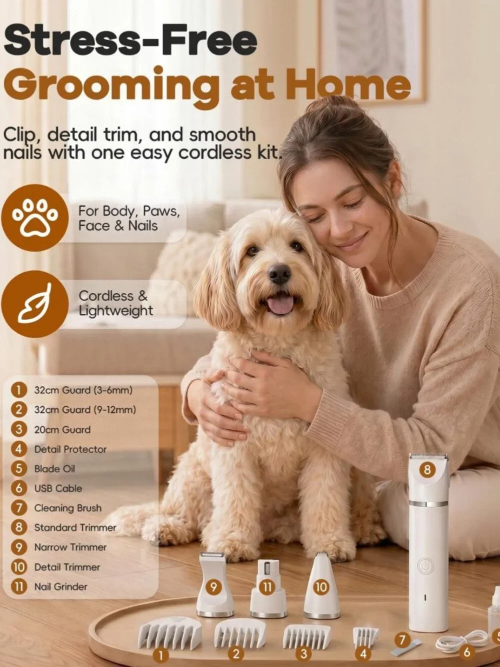 Rechargeable Low Noise Dog Clippers & Grooming Kit - Cordless Pet Hair Trimmer